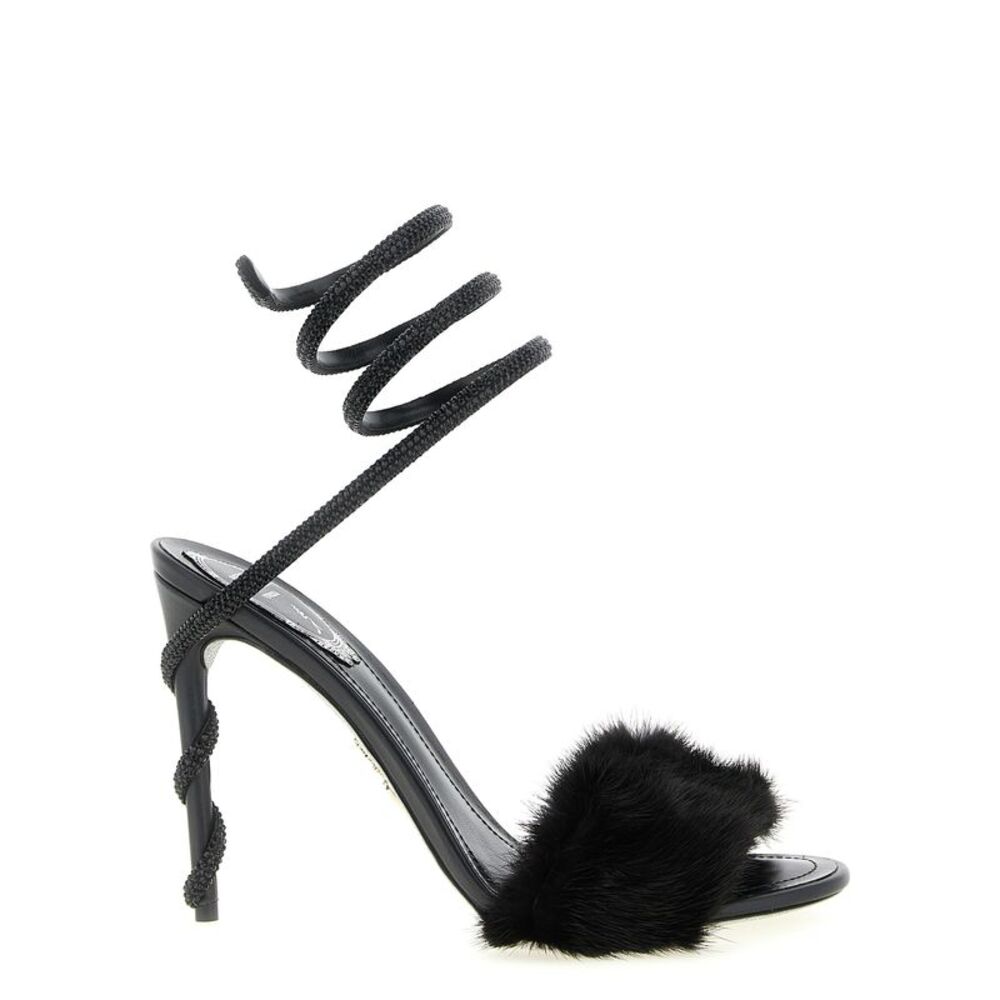 RENE CAOVILLA Black Leather Stiletto Heel Women's Sandals